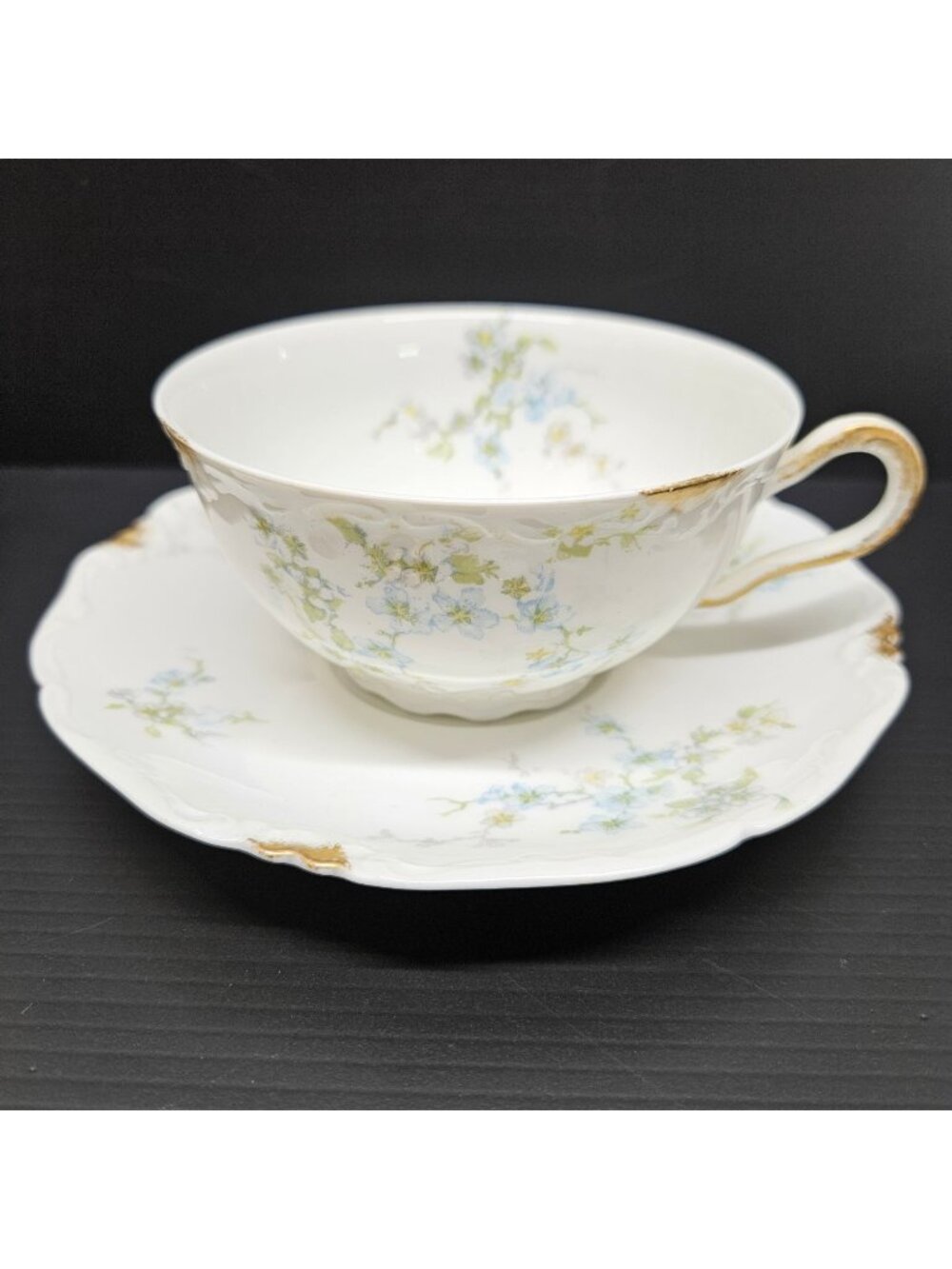 C Ahrenfeldt Limoges Depose Teacup and Saucer Set  Blue And Grey Flowers